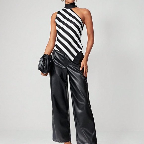 Black Preppy Womens Striped Print Asymmetrical Neck Hanky Hem Tank Top - Picture 5 of 5